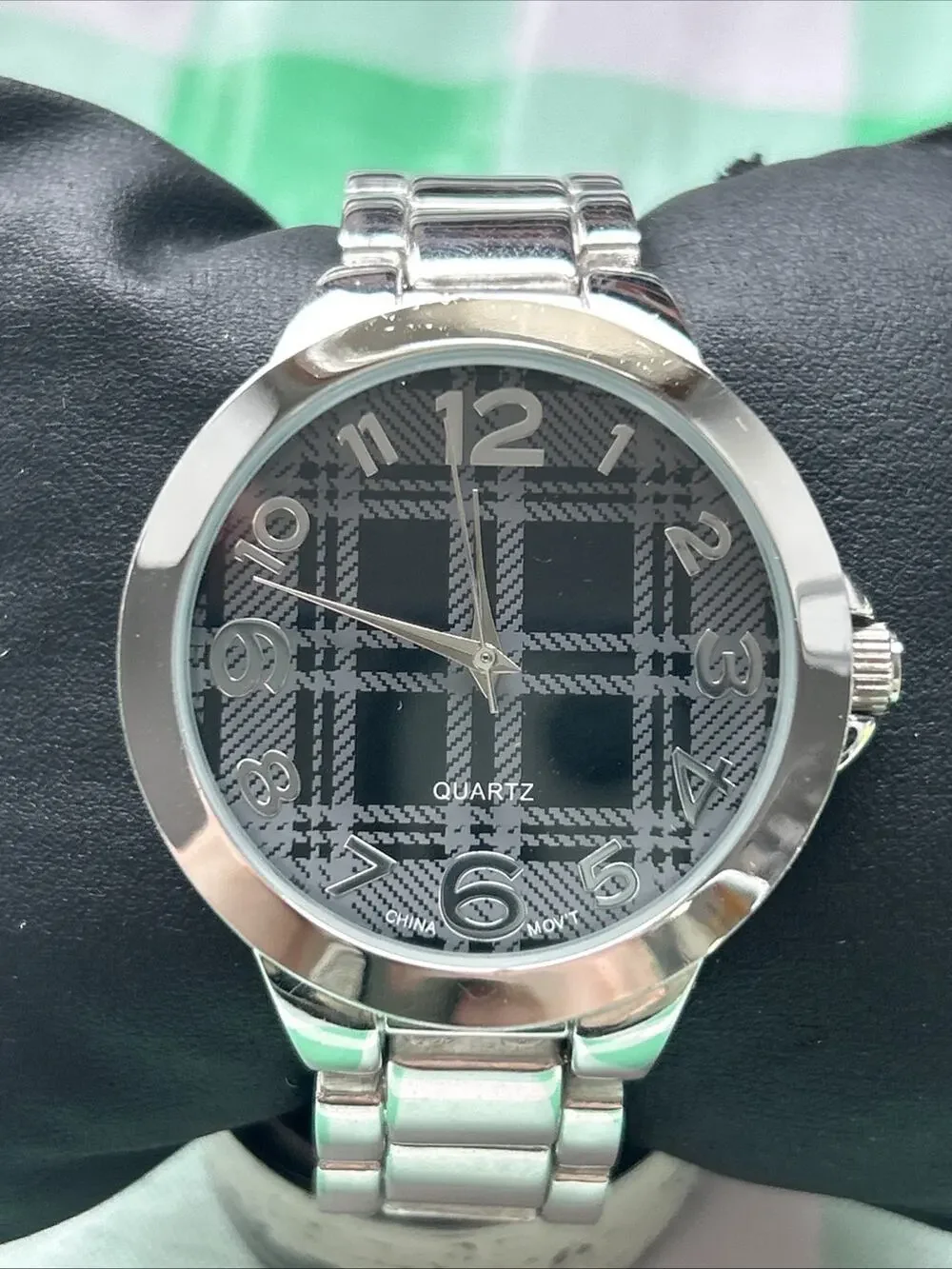 Silver Tone Plaid Dial Quartz Watch